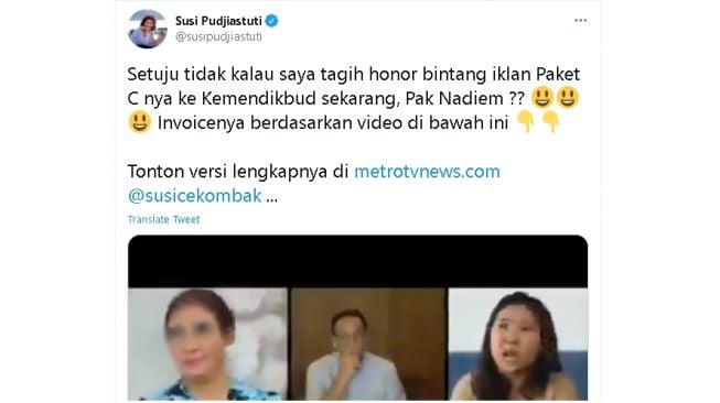 Cuitan Susi Pudjiastuti tagih honor iklan Paket C ke Nadiem Makarim (Twitter/@susipudjiastuti)