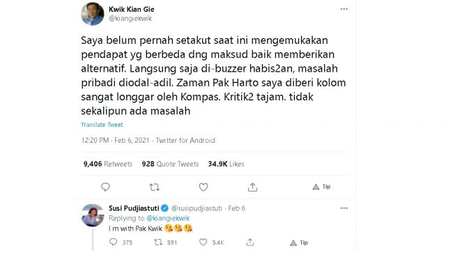 Cuitan Kwik Kian Gie soal kebebasan berpendapat (Twitter/@kiangiekwik)