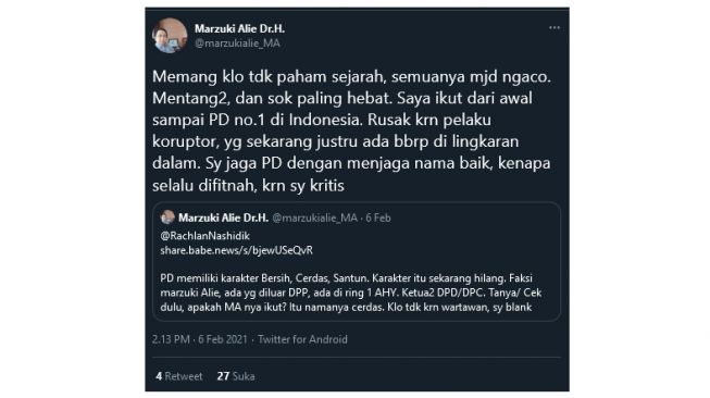 Cuitan Marzuki Alie yang geram difitnah terlibat mengkudetakan AHY dari Partai Demokrat (twitter.com/marzukialie_MA)