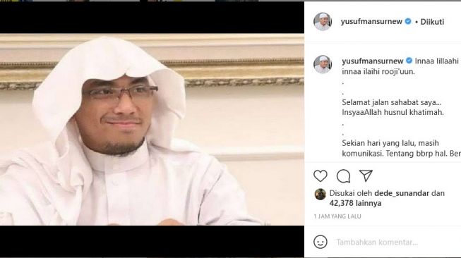 Ustaz Yusuf Mansur mengenang Ustadz Maaher At Thuwailibi. [Instagram]