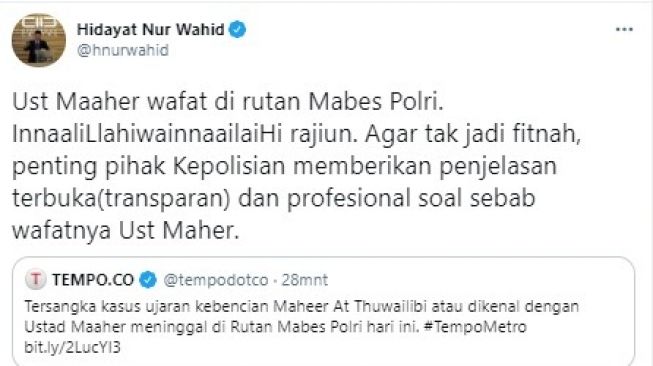 HNW minta polisi ungkap penyebab kematian Ustaz Maaher (Twitter/hnurwahid)