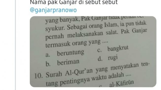 Sebuah buku pelajaran SD menyebut nama Ganjar viral di media sosial.[Twitter]