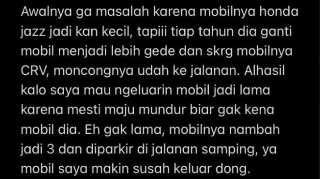 Curhat pemilik rumah yang geger dengan tetangganya gara-gara masalah parkir mobil (Twitter)