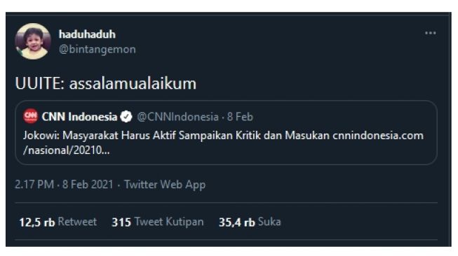Bintang Emon tanggapi pernyataan Jokowi yang meminta masyarakat aktif kritik pemerintah (twitter.com/bintangemon)
