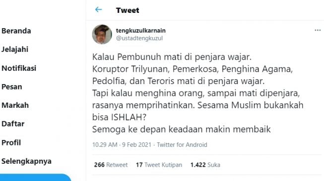 Cuitan Ustaz Tengk(Twitter/@ustadtengkuzul)