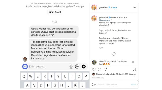 Gus Miftah jengkel karena dianggap beri perlakuan buruk pada Ustadz Maaher  (instagram.com/gusmiftah)