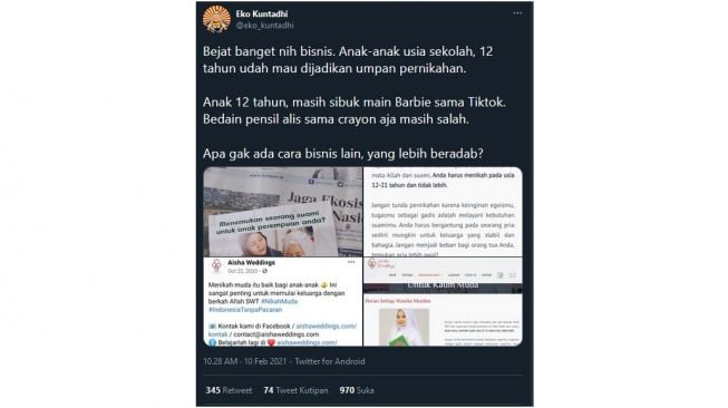 Eko Kuntadhi geram dengan WO Aisha Weddings yang menganjurkan pernikahan usia dini (twitter.com/eko_kuntadhi)