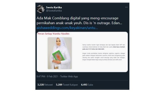 Utasan Sweta tentang WO Aisha Weddings Anjurkan Layanan Nikah Siri, Poligami, dan Nikah Muda (twitter.com/SwetaKartika)