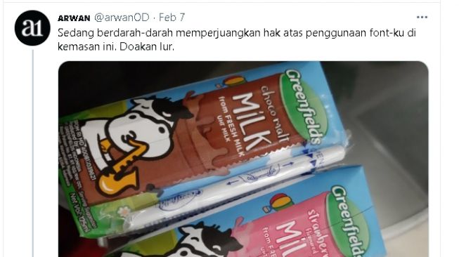 Cuitan pencipta font yang digunakan oleh produk susu (Twitter)