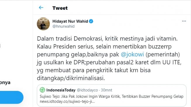 Cuitan Hidayat Nur Wahid.(Twitter/@hnurwahid)