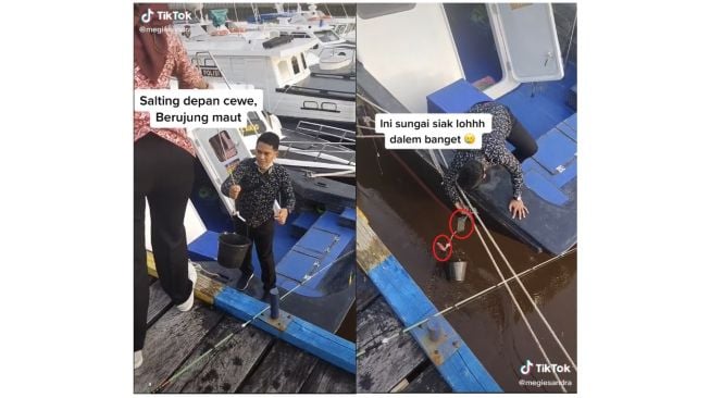 Niat Menolong Mengambil Air Ponsel Pria Ini Malah Tercebur (tiktok.com/@megiesandra)