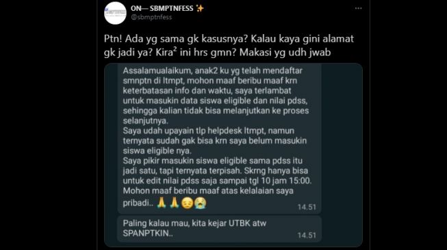 Guru telat input data, seangkatan terancam gagal ikut SNMPTN. [Twitter/@sbmptnfess]