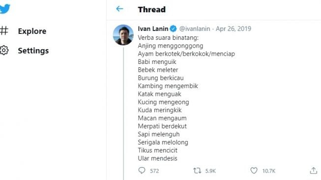 Cuitan Ivan Lanin terkait suara-suara binatang dalam Bahasa Indonesia / [Istimewa]