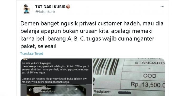 Tangkapan layar WhatsApp Story kurir yang bongkar privasi pembeli (twitter/@txtdrikurir)