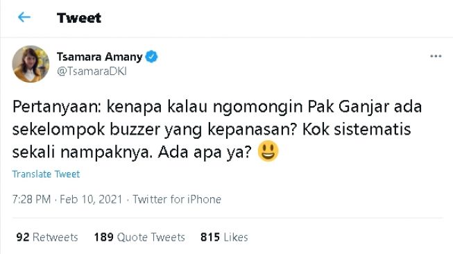 Cuitan Tsamara Amany soal buzzer dan Ganjar Pranowo (Twitter)