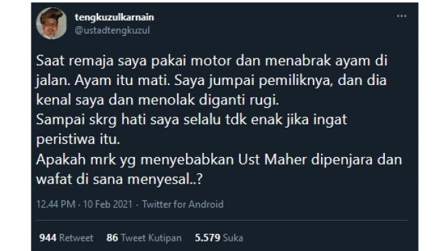 Cuitan Tengku Zul Analogikan Ustadz Maaher dengan Ayam (twitter.com/ustadtengkuzul/)