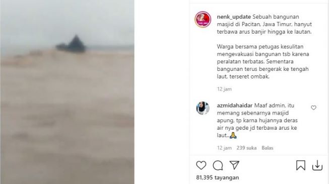 Viral bangunan masjid hanyut hingga ke tengah laut. (Instagram/nenk_update)