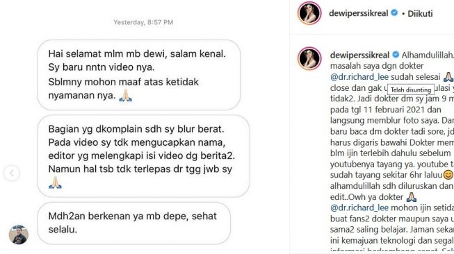 Dewi Perssik mengunggah permintaan maaf dr Richard Lee. Depe menganggap permasalahannya dengan dr Richard telah selesai. [Instagram]