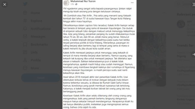 Kisah viral Kakek Arifin. [Twitter]