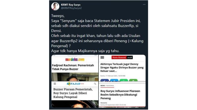 Cuitan Roy Suryo menanggapi pernyataan pemerintah tidak memiliki buzzer (twitter.com/KRMTRoySuryo2)