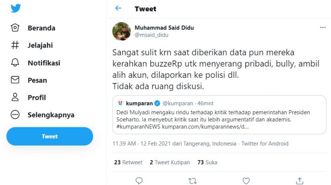 Cuitan Muhammad Said Didu soal kritik pemerintah.[Twitter/@msaid_didu]