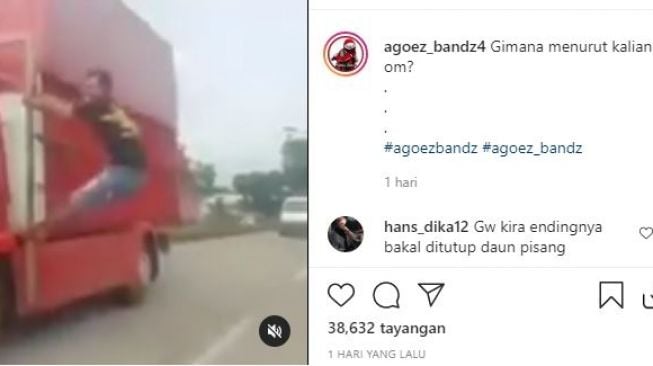 Aksi pria bergelantungan di truk. (Instagram/@agoez_bandz4)