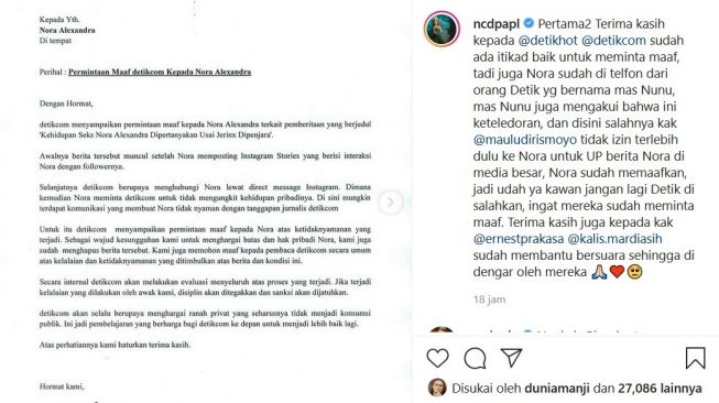 Nora Alexandra mengunggah foto permintaan maaf dari media online.