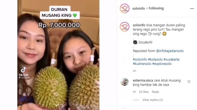 Video gadis review durian musang king diolah bareng emasn dan coklat. - (Instagram/@soloinfo)