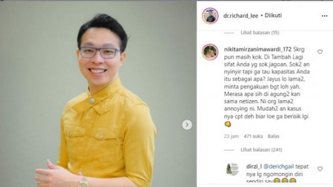 Unggahan dokter Richard Lee yang dikomentari Nikita Mirzani [instagram]