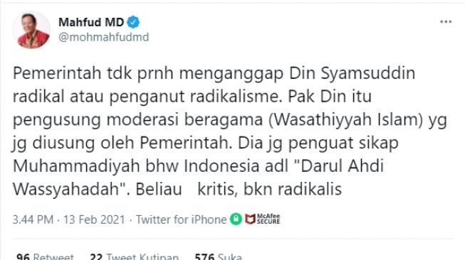 Mahfud MD: Pemerintah Tak Pernah Menganggap Din Syamsuddin Radikal