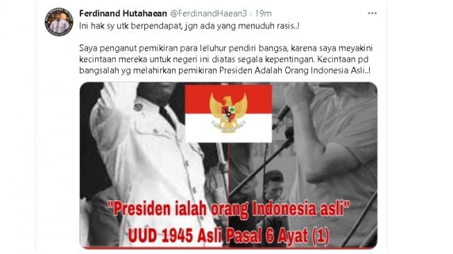 Cuitan Ferdinanad Hutahaean soal presiden ialah orang asli Indonesia (Twitter)