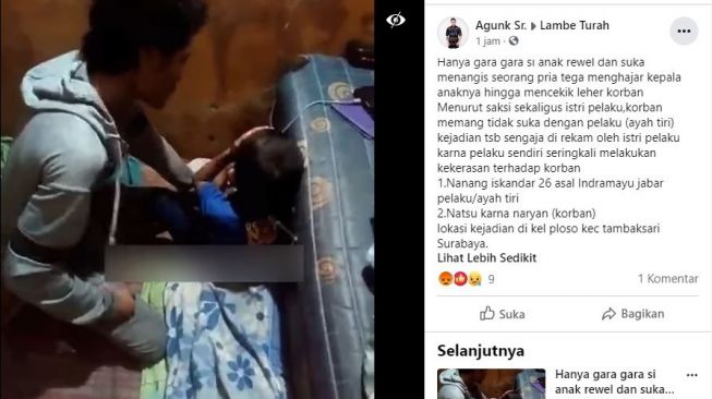 Ayah tiri tega hajar kepala anak dan cekik leher. (Facebook/Agunk Sr)