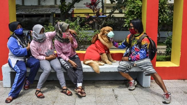 Pelatih anjing, Aril Saputra memakaikan masker kepada anjingnya bernama Joy di Alun-alun Kota Tasikmalaya, Jawa Barat, Senin (15/2/2021). ANTARA FOTO/Adeng Bustomi