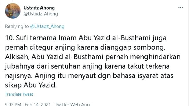 Cuitan Ustaz Ahong soal anjing (Twitter)