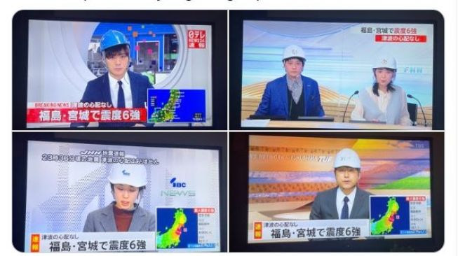 Pembaca berita di Jepang tampil dengan helm pengaman. (Twitter/sadness_loop)