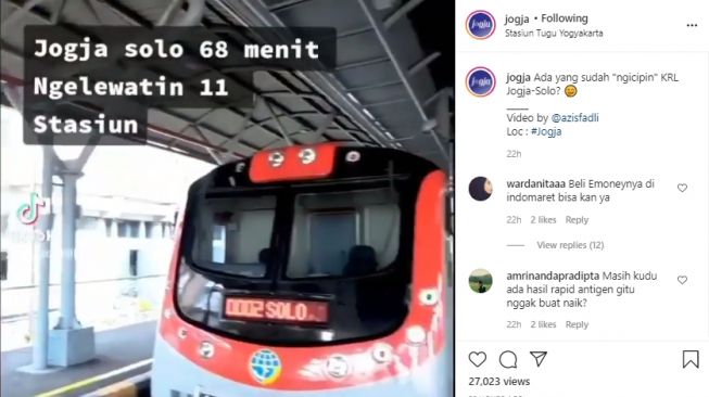 Penumpang mereview penggunaan KRL Solo Jogja. - (Instagram/@jogja)