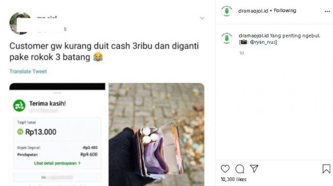 Ojol tak hanya dibayar pakai uang. (Instagram/@dramaojol.id)