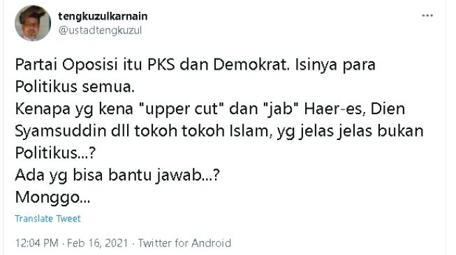 Cuitan Tengku Zul soal HRS dan Din Syamsuddin (Twitter)