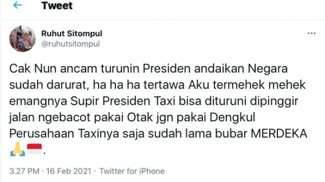 Cuitan Ruhut Sitompul membalas ancaman Cak Nun yang akan menurunkan Presiden