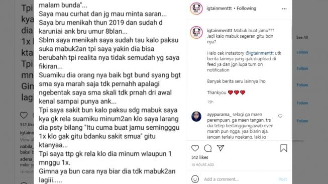 Curhat istri soal suami suka mabuk. [Instagram/@ifotainment]