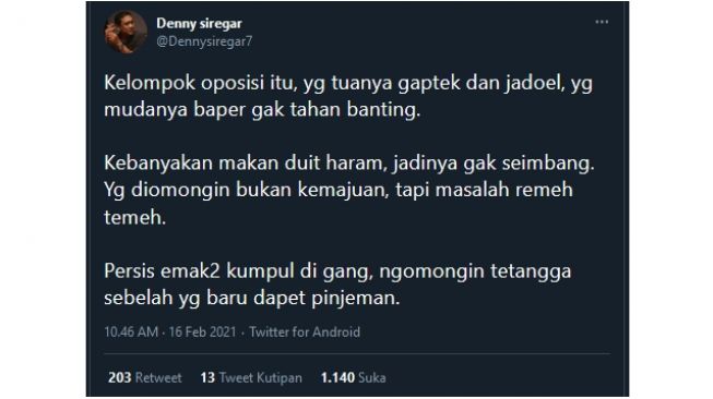 Denny Siregar Sebut Oposisi Banyak Makan Duit Haram Publik Siapa Bang