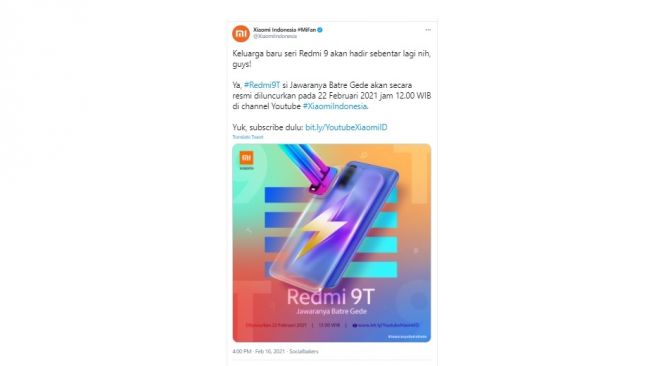 Redmi 9T siap masuk Indonesia. [Twitter]