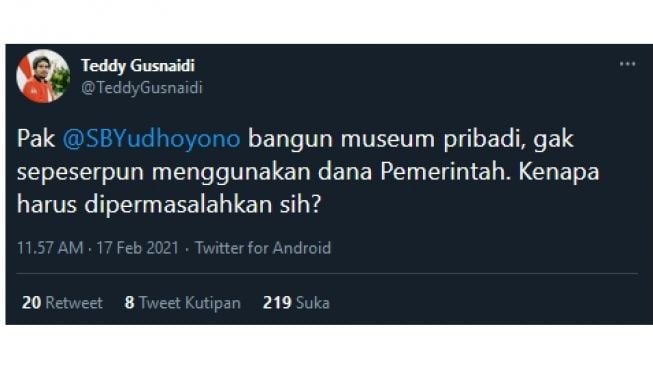 Soal Museum SBY-ANI, Teddy PKPI: Gak Pakai Dana Pemerintah Dipermasalahkan? (twitter.com/TeddyGusnaidi)