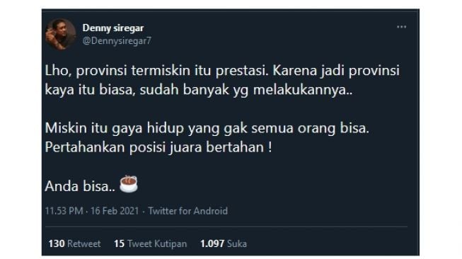 Penjelasan Denny Siregar sebut Alhamdulillah pada predikat provinsi termiskin yang didapat Aceh (twitter.com/Dennysiregar7)