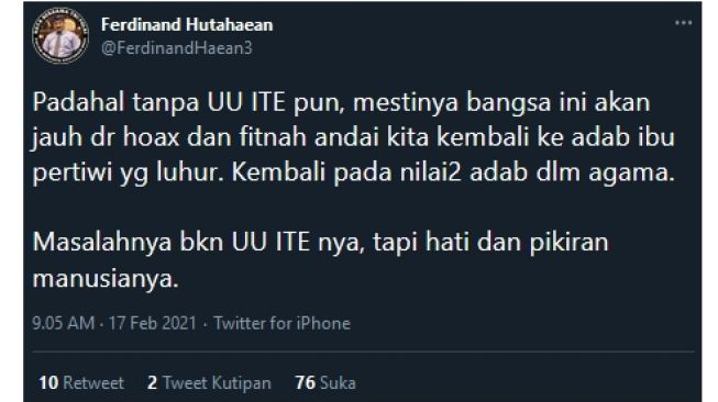 Polemik UU ITE, Ferdinand Hutahaean: Masalahnya di Hati dan Pikiran Manusia (twitter.com/FerdinandHaean3)