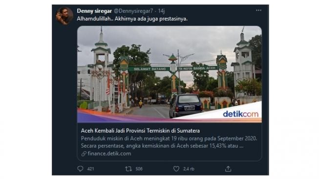 Aceh Provinsi Termiskin di Sumatera, Denny Siregar: Alhamdulillah... (twitter.com/Dennysiregar7)