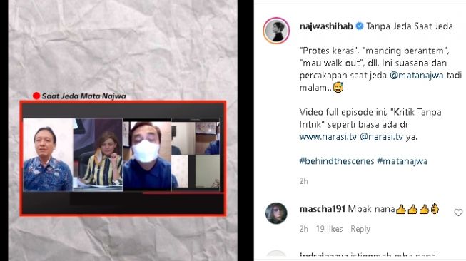 Suasana panas saat jeda iklan Mata Najwa (Instagram/@najwashihab)