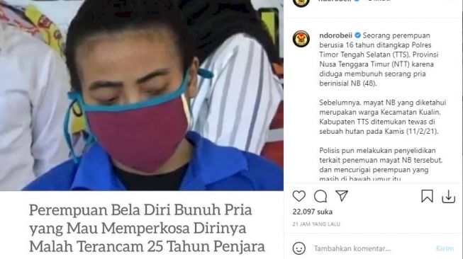 Viral kasus gadis di NTT terancam dipenjara gegara bunuh pelaku pemerkosaan. (Instagram/ndorobeii)