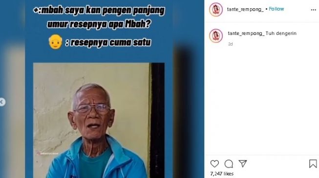 Viral kakek bagikan resep panjang umur. (Instagram/@kadangkelingan)