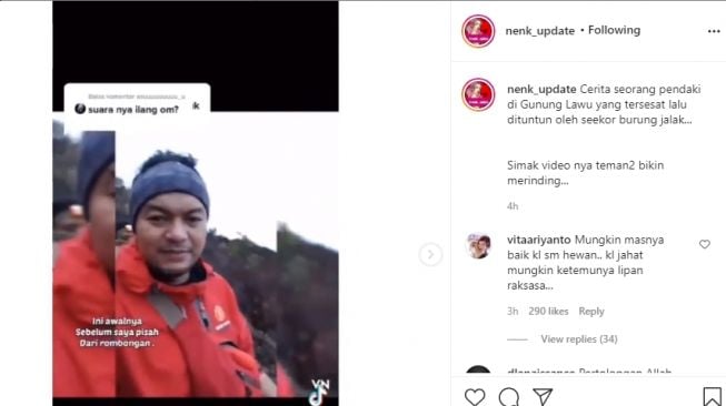 Seorang pendaki membagikan ceritanya saat tersesat di Gunung Lawu dan dituntun burung jalak.[Instagram/@nenk_update]